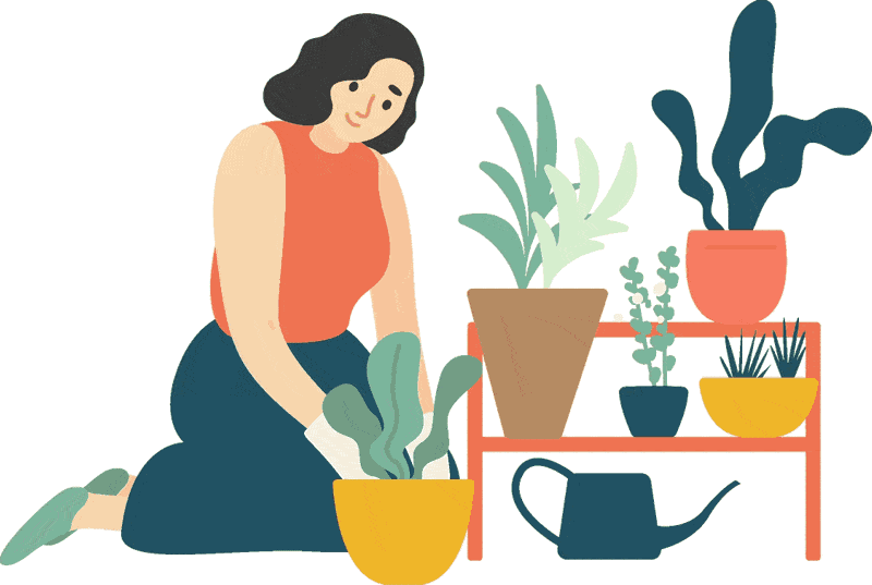 A lady gardening at home with plant pots