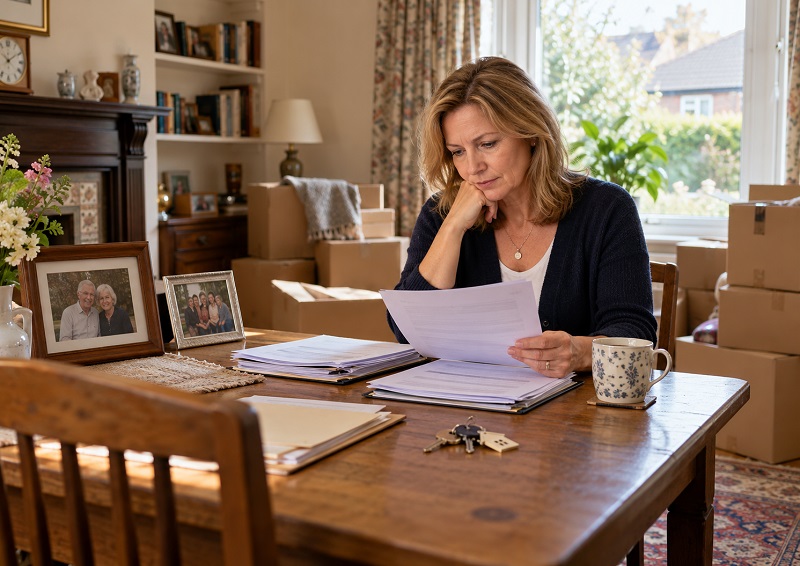 A homeowner selling a probate property looking through paperwork