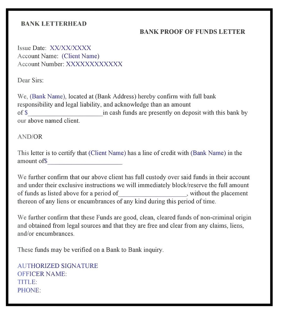 proof of funds letter example a potential customer can request