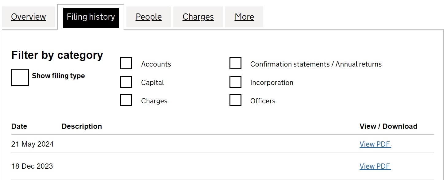 Example of filing history from a companies house page