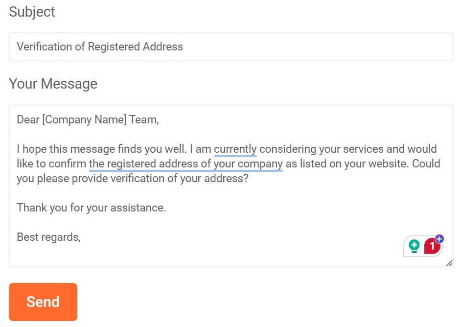 Email to send to a company asking about their address