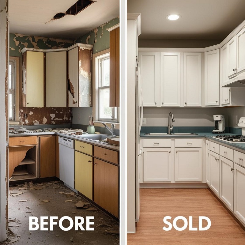 A before and after picture of a kitchen in sheffield