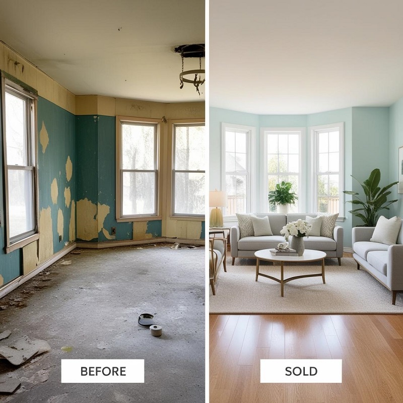 A before and after picture of a living room in leeds