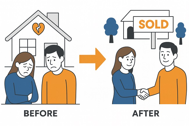 A unhappy divorced couple finds a cash house buyer to buy their home and is happy with the sale