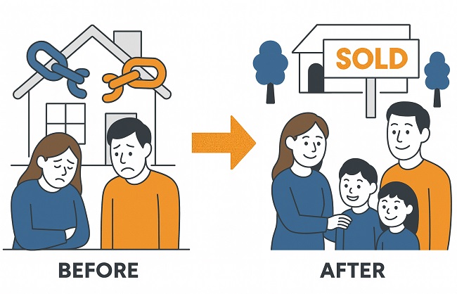 An upset couple finds a cash house buyer to buy their broken chain home and is happy with the sale