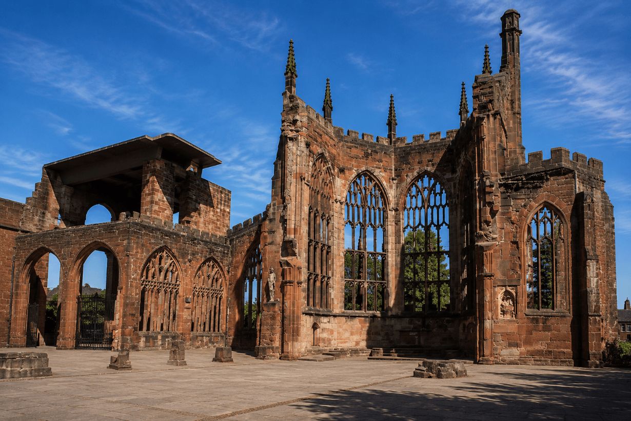 Historic Coventry Cathedral ruins viewed from a wide angle, featuring Gothic stone arches, towering sandstone walls, and an open courtyard beneath a bright blue sky with no visitors present.